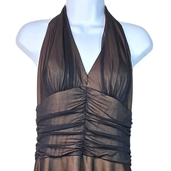 Connected Halter Maxi Chiffon Black Overlay Brown Formal Dress Size 12 Ruched - Picture 3 of 5